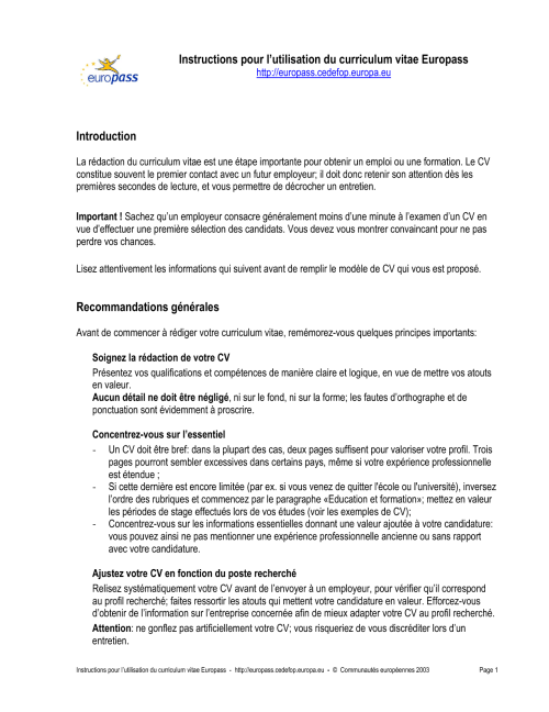 Instructions pour l'utilisation du curriculum vitae Europass